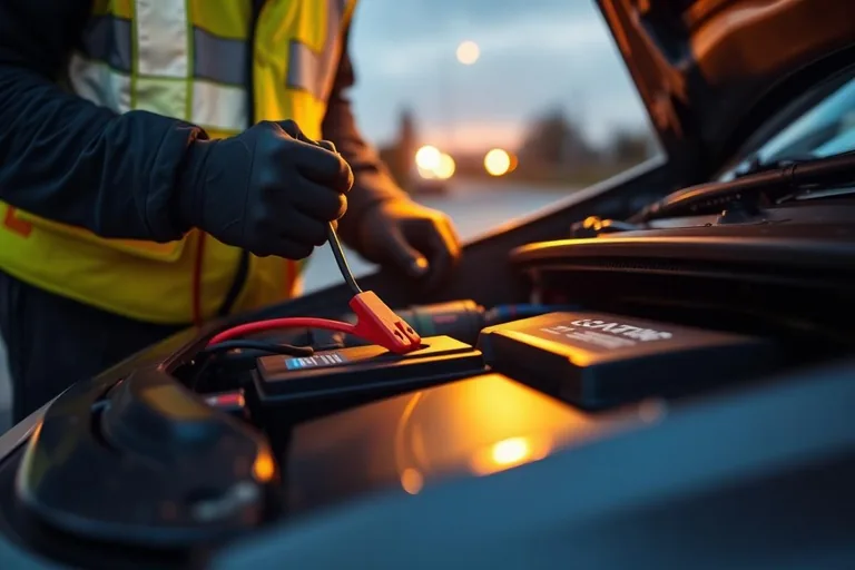 Technician jump starting a car battery at the roadside
