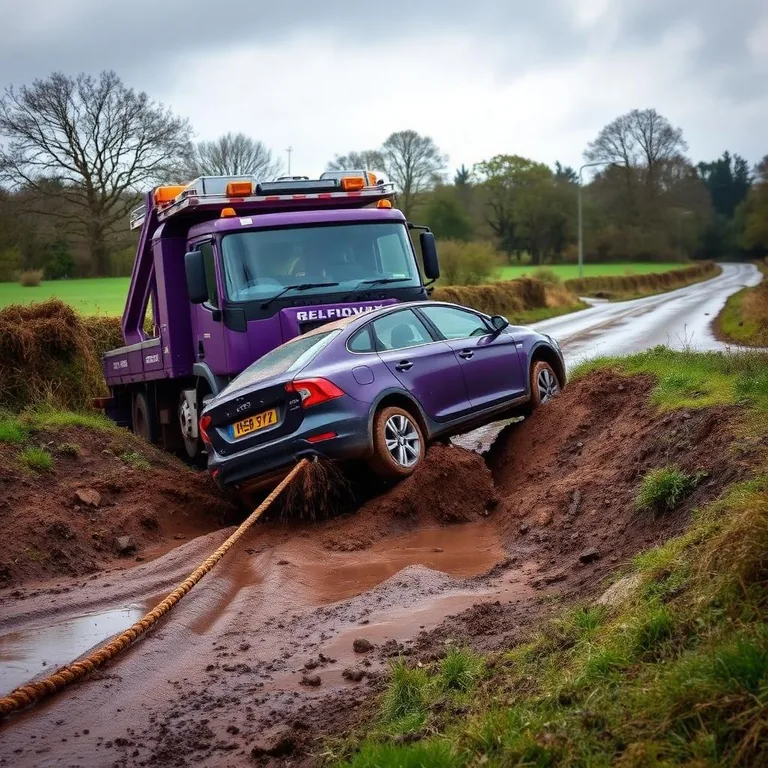 Car being winched out of a ditch by a recovery truck