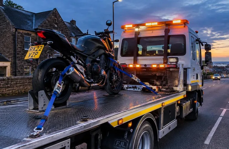 Illustration of a motorcycle secured on a recovery truck at dusk