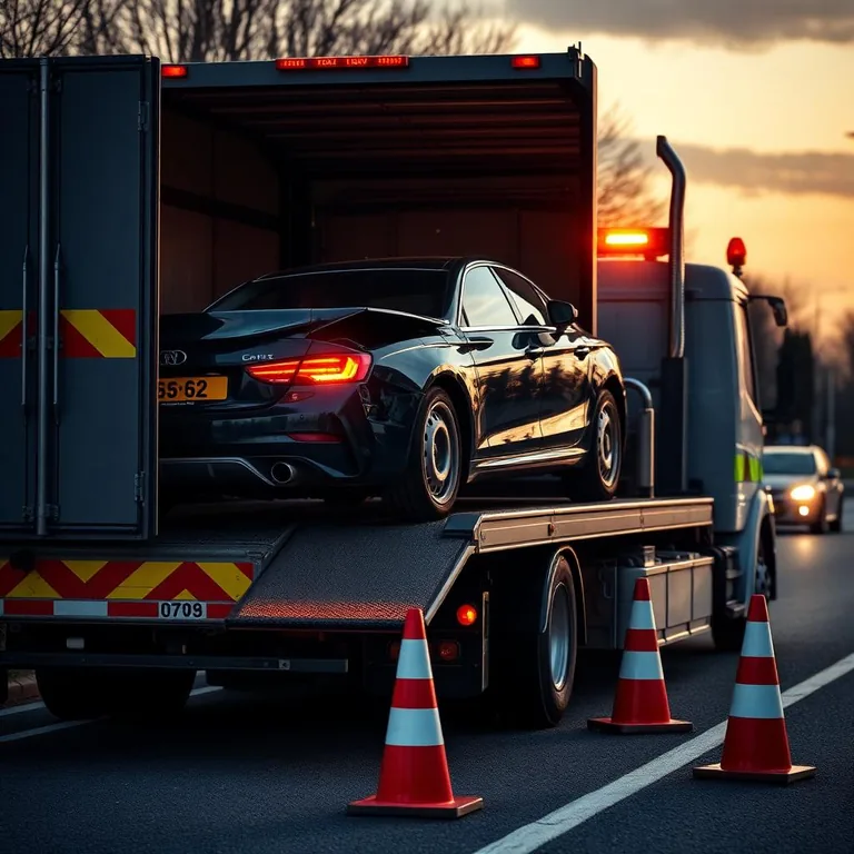 Accident damaged vehicle being recovered onto a flatbed