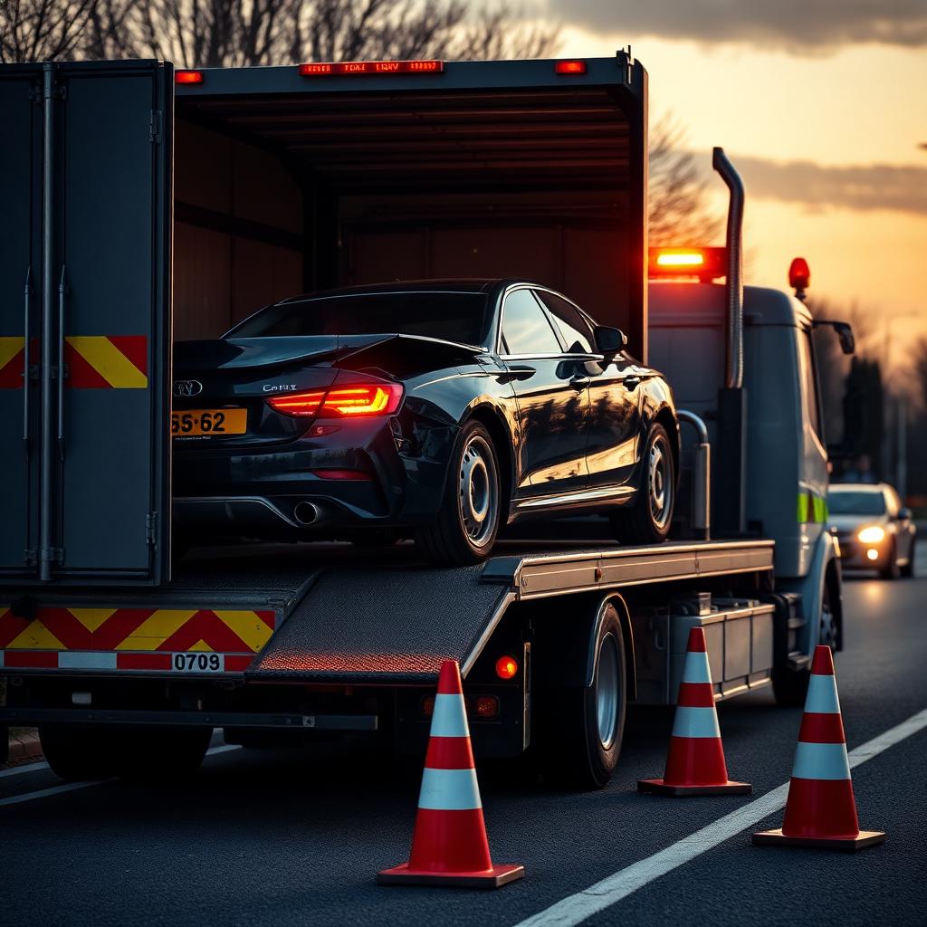 Recovery truck loading a damaged car after a road accident, cones placed for safety