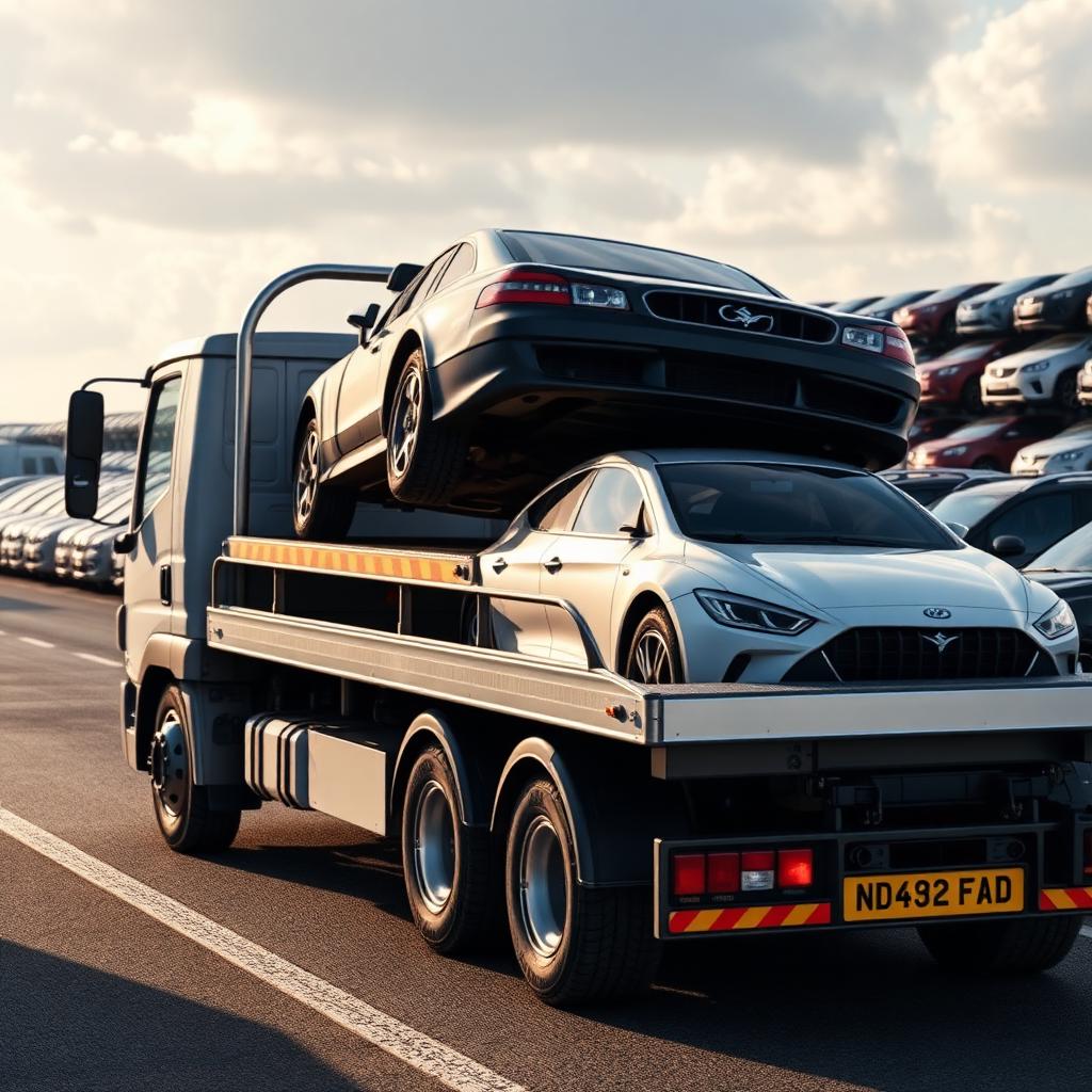 Flatbed transporter loaded with cars at a UK auction yard