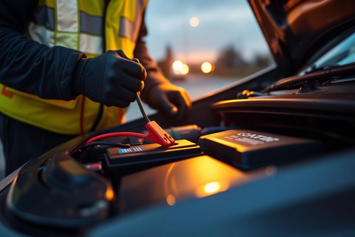Technician attaching jump leads to a car battery