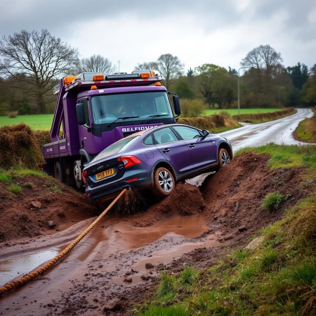 Recovery truck winching a car out of a muddy ditch