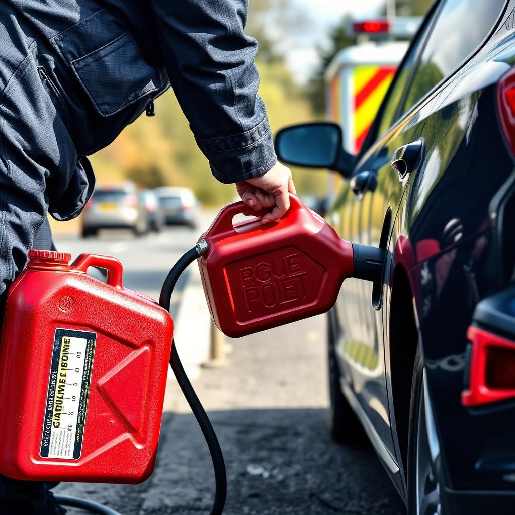 Technician refuelling a car from a red jerry can at the roadside