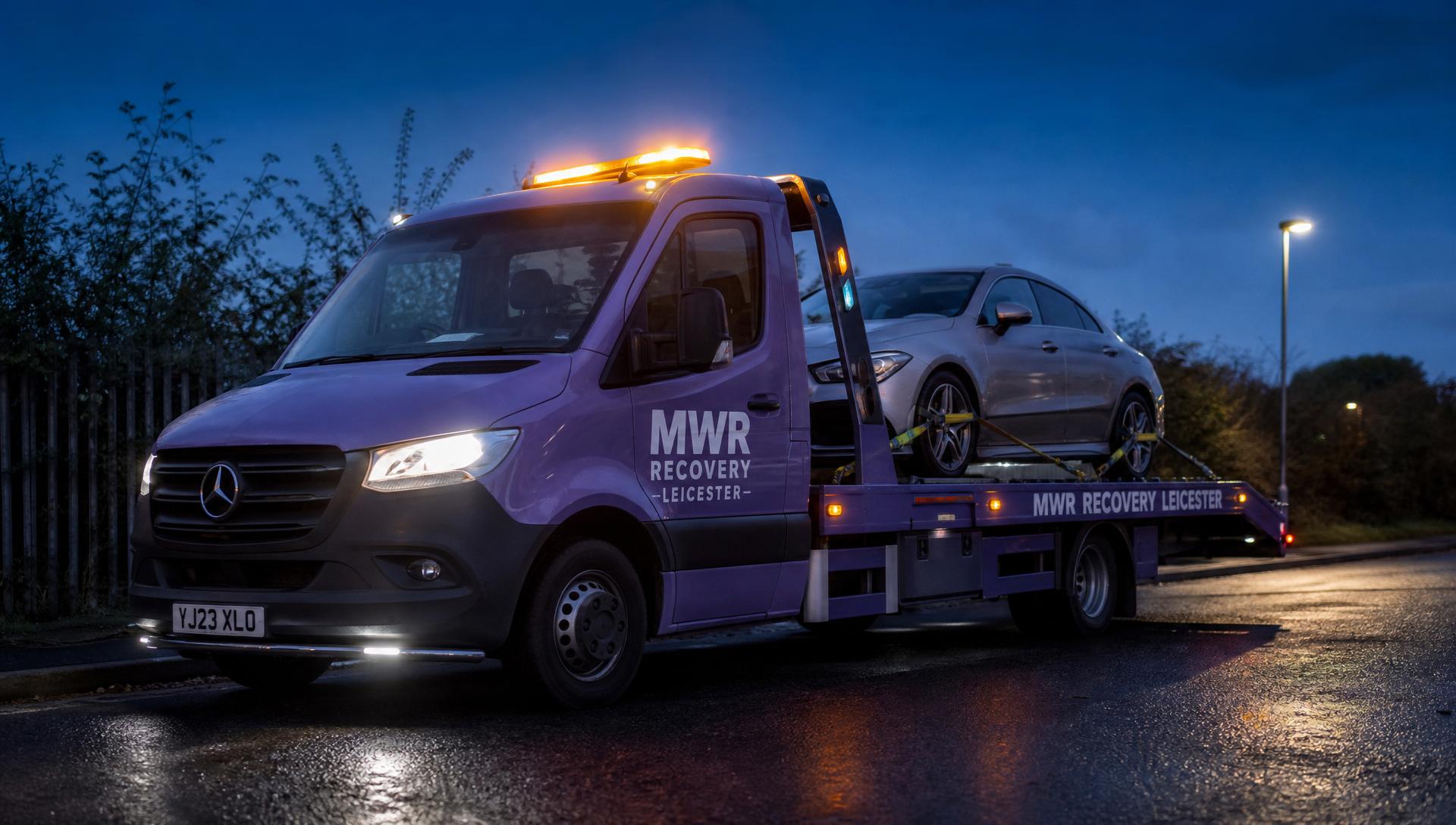 Recovery truck towing a car at dusk