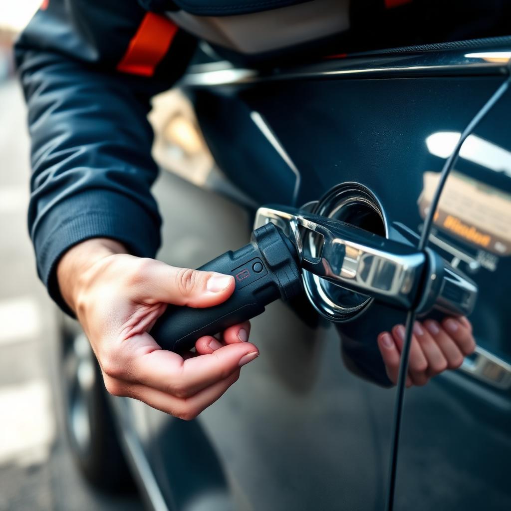 Technician using a non-destructive lockout tool on a car door