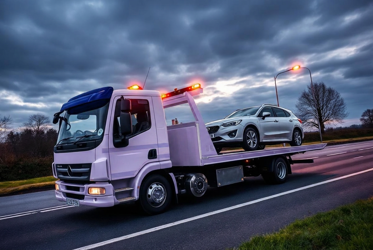 MwR Recovery Leicester recovery truck on a UK road at dusk