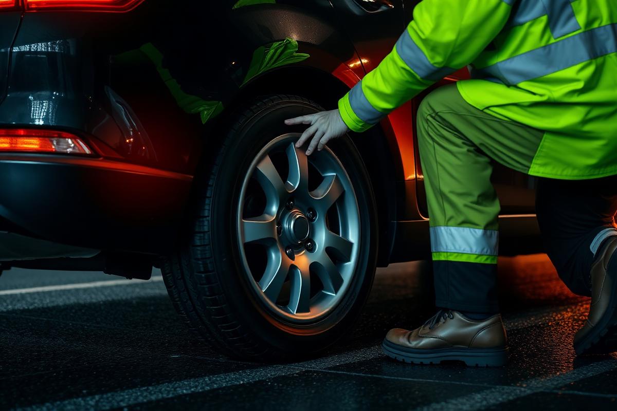 Technician fitting a spare tyre at the roadside